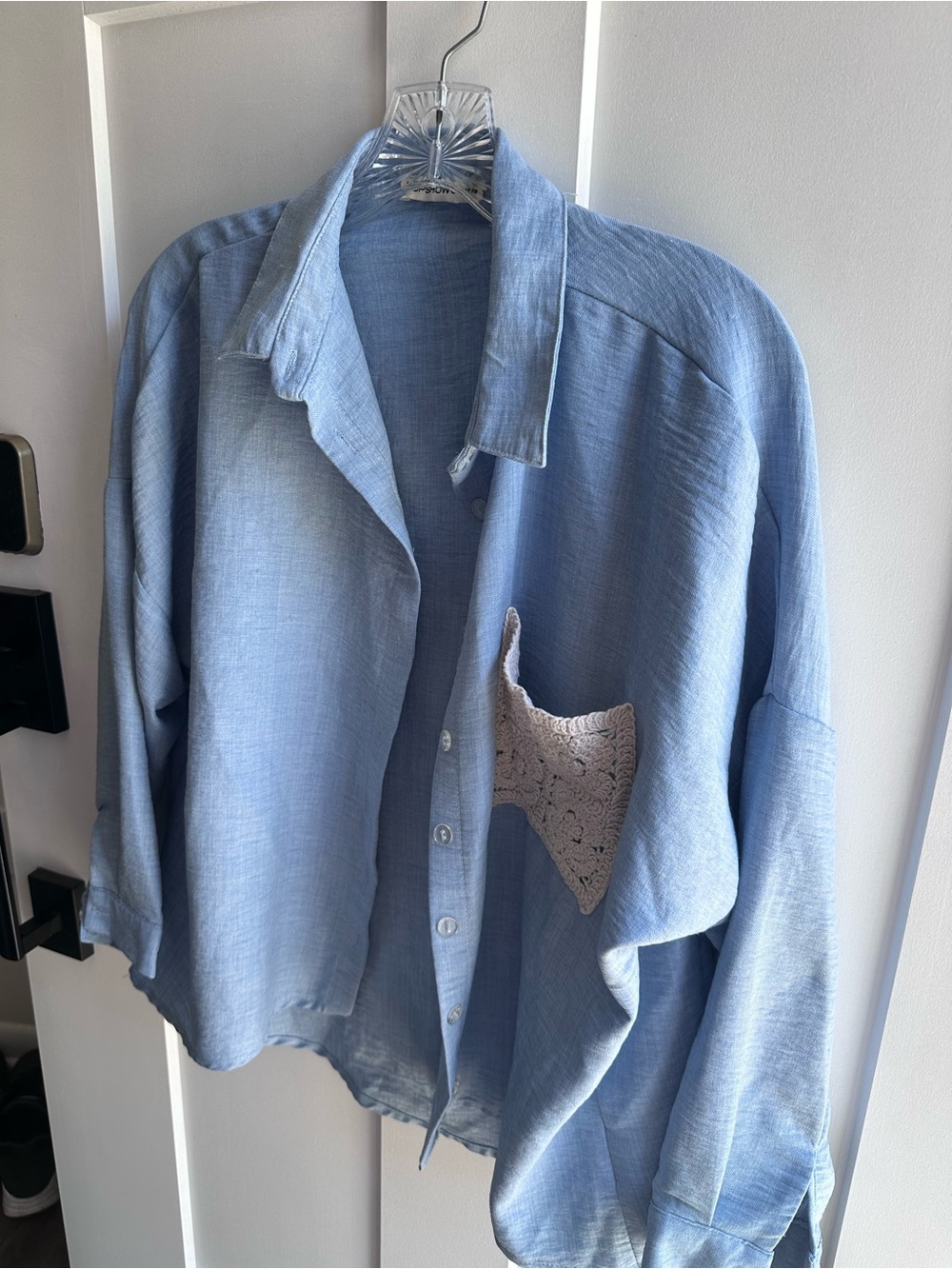 Light Blue Button-Front Shirt with Crochet Pocket